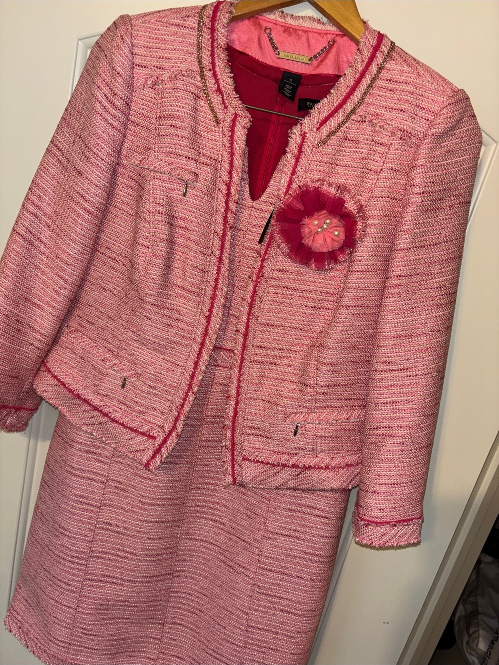 NWT White House Black Market Pink Tweed Jacket & Dress Classic Bouclé W Brooch